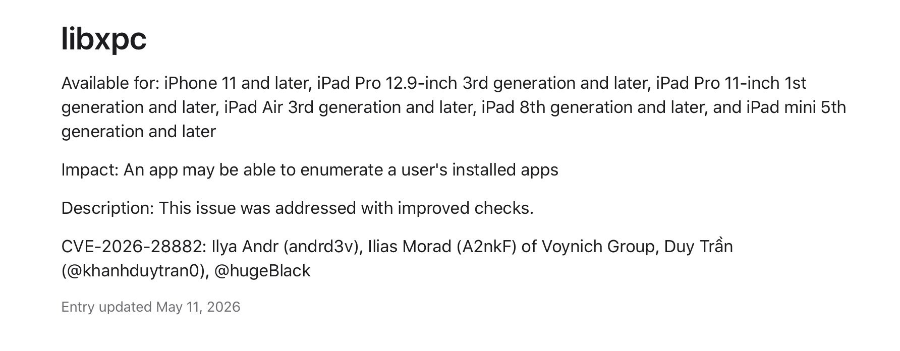 Apple security advisory crediting andrd3v for CVE-2026-28882