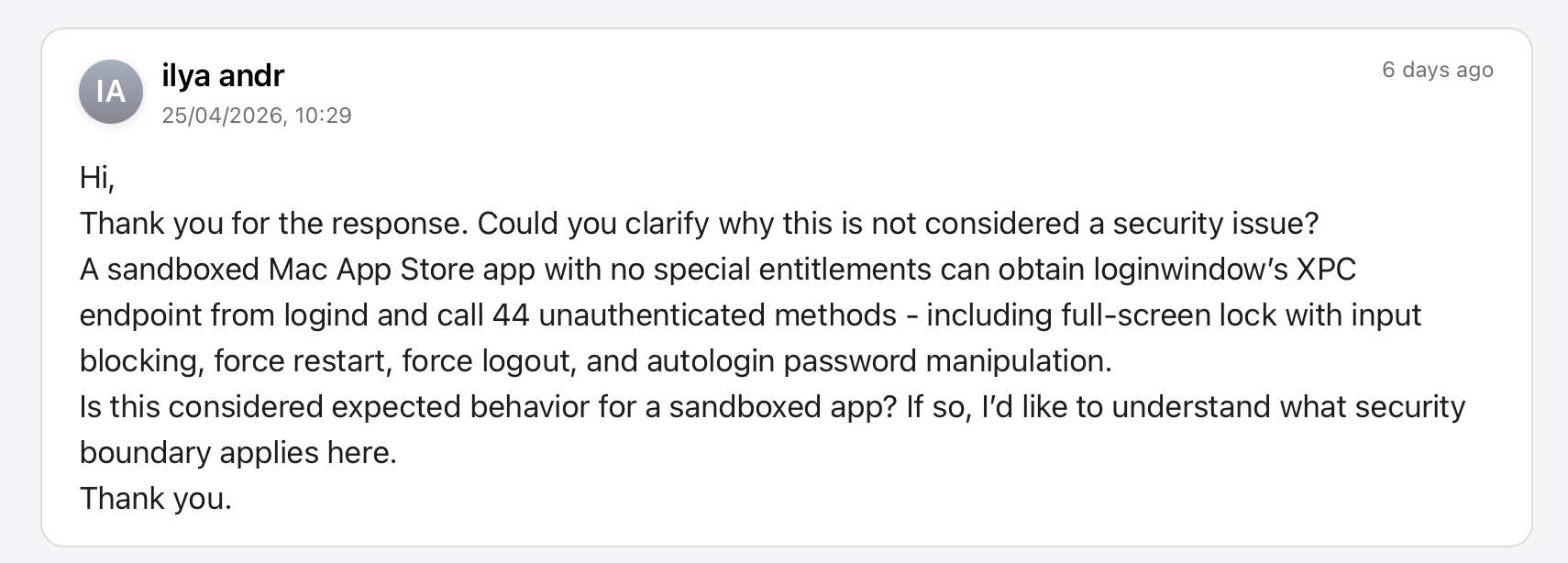 Follow-up message asking Apple to clarify why this is not a security issue