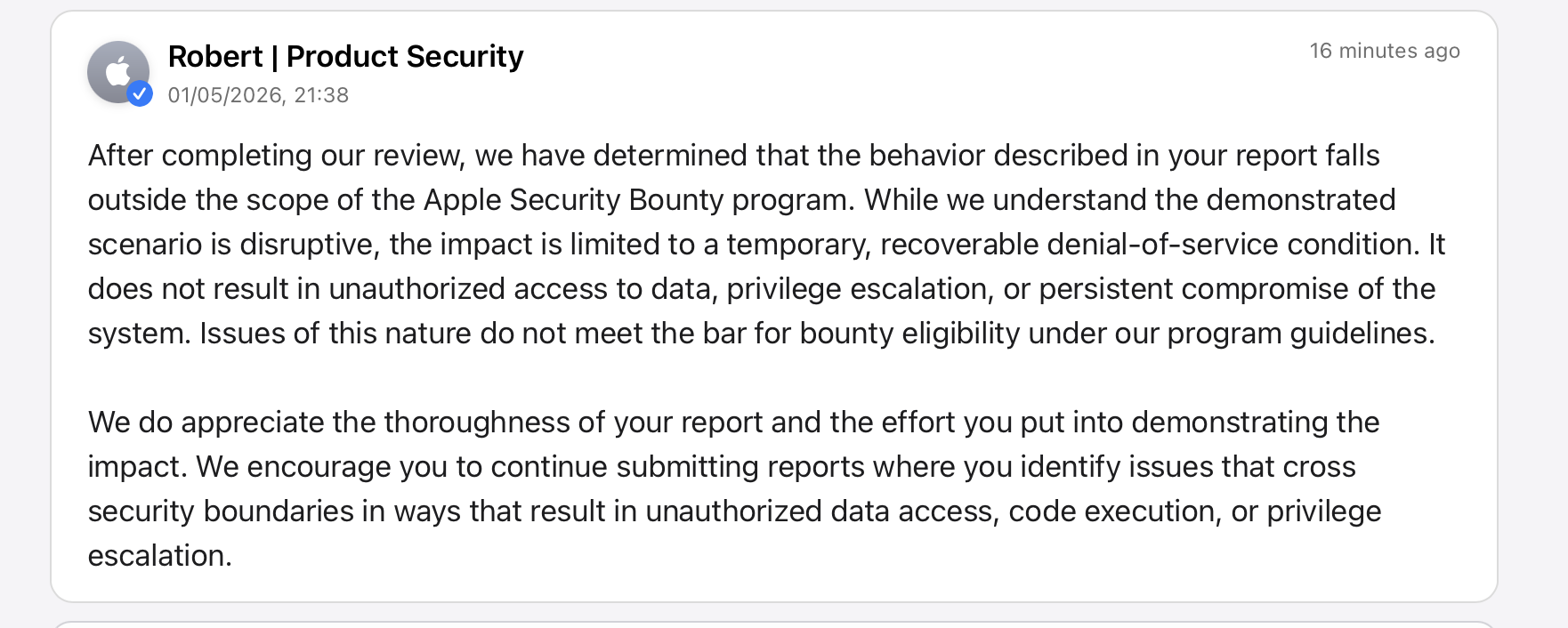 Apple's response: behavior falls outside the scope of the Apple Security Bounty program